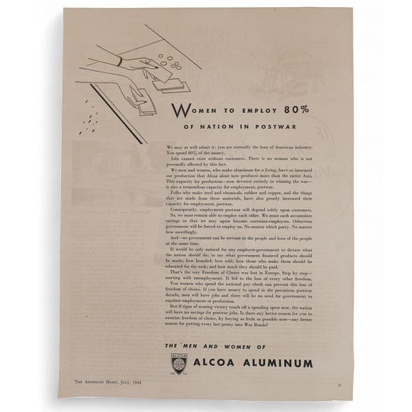 1944 Alcoa Aluminum "Women to Employ 80% of Nation Postwar" Econ Vtg Print Ad